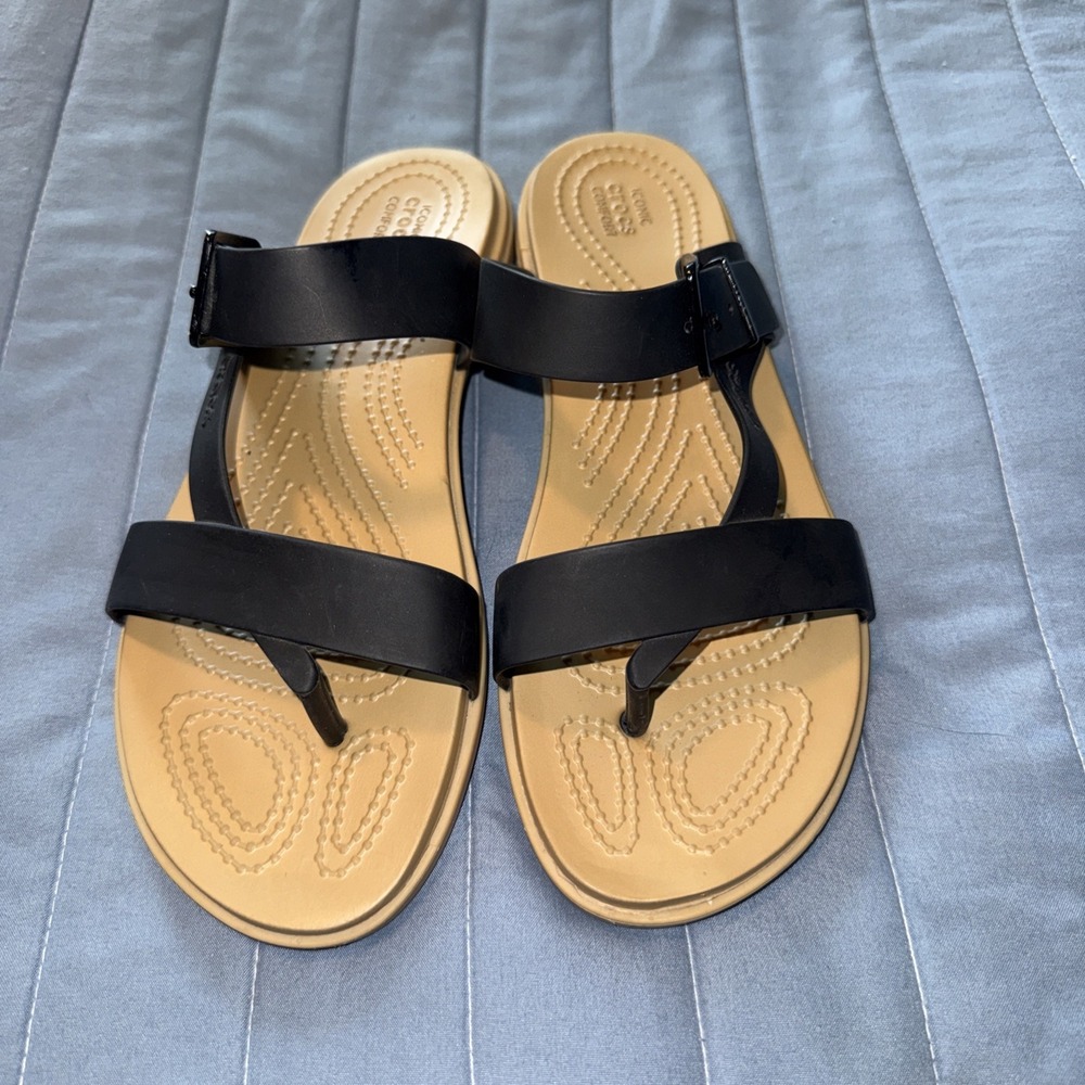 Crocs Tulum Toe Post Minimalistic Strappy Sandals Black Tan Women's 8